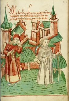Barlaam Departs as Josaphat Watches him Sadly; Barlaam und Josaphat, 1469. Creators: Hans Schilling, Diebolt Lauber