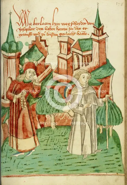Barlaam Departs as Josaphat Watches him Sadly; Barlaam und Josaphat, 1469. Creators: Hans Schilling, Diebolt Lauber.