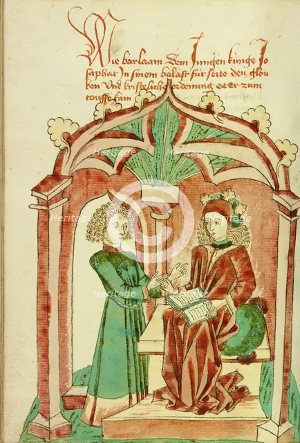 Barlaam Instructing Josaphat in the True Faith; Barlaam und Josaphat, 1469. Creators: Hans Schilling, Diebolt Lauber.