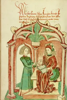 Barlaam Instructing Josaphat in the True Faith; Barlaam und Josaphat, 1469. Creators: Hans Schilling, Diebolt Lauber