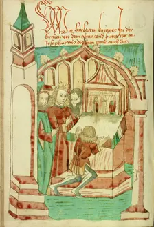 Barlaam Kneeling before an Altar with Josaphat Nearby; Barlaam und Josaphat, 1469. Creators: Hans Schilling, Diebolt Lauber