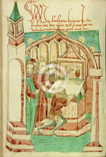 Barlaam Kneeling before an Altar with Josaphat Nearby; Barlaam und Josaphat, 1469. Creators: Hans Schilling, Diebolt Lauber.