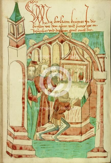 Barlaam Kneeling before an Altar with Josaphat Nearby; Barlaam und Josaphat, 1469. Creators: Hans Schilling, Diebolt Lauber.