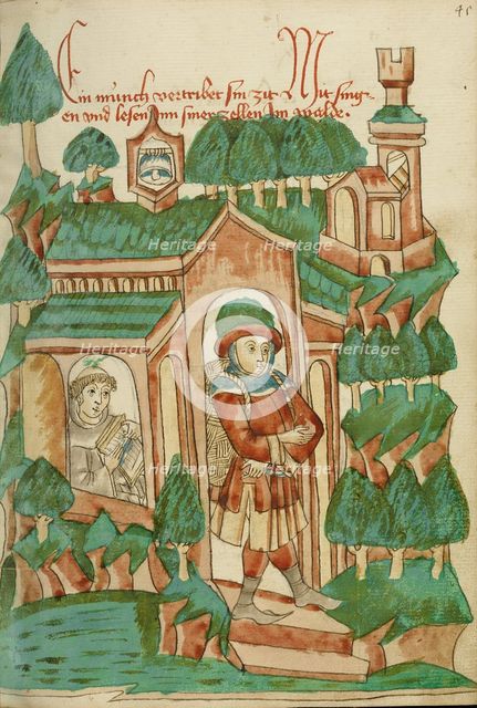 Barlaam Leaving the Hermitage; Barlaam und Josaphat, 1469. Creators: Hans Schilling, Diebolt Lauber.