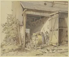 Barn with farmers threshing, c1825-1867. Creator: Heinrich Burkel