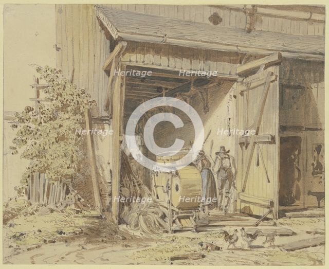 Barn with farmers threshing, c1825-1867. Creator: Heinrich Burkel.
