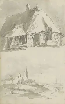 Barn and view of a city on the water, c.1780-c.1800. Creator: Bernhard Heinrich Thier