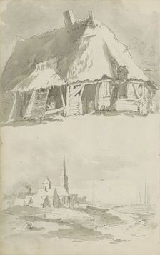 Barn and view of a city on the water, c.1780-c.1800. Creator: Bernhard Heinrich Thier