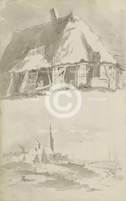 Barn and view of a city on the water, c.1780-c.1800. Creator: Bernhard Heinrich Thier.