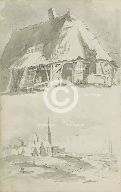 Barn and view of a city on the water, c.1780-c.1800. Creator: Bernhard Heinrich Thier.