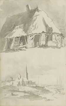 Barn and view of a city on the water, c.1780-c.1800. Creator: Bernhard Heinrich Thier