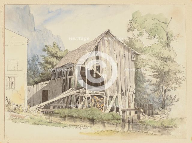 Barn by a stream, 1840. Creator: Ernst Ferdinand Oehme.