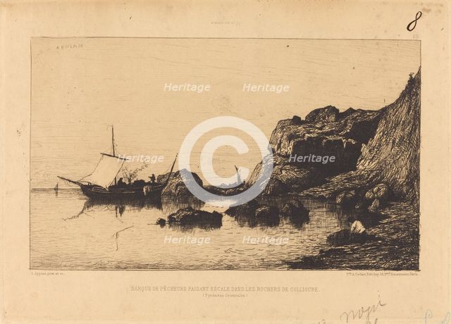 Barque de pecheurs faisant escale dans les rochers de Collioure. Creator: Adolphe Appian.