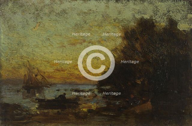 Barque et voiliers, coucher de soleil. Au revers : Marine, between 1850 and 1860. Creator: Felix Francois Georges Philibert Ziem.
