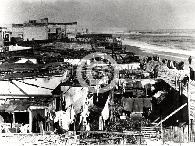 Barracks built on the Somorrostro beach in the Barceloneta in Barcelona, 1950s.
