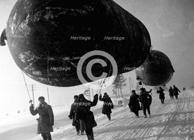 Barrage balloons near Moscow, USSR, World War II, 1941 Artist: Unknown