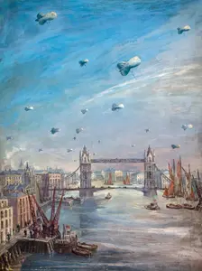Barrage balloons over the Thames, between 1939 and 1946. Creators: Central Office of Information, Eve Kirk