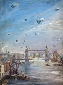 Barrage balloons over the Thames, between 1939 and 1946. Creators: Central Office of Information, Eve Kirk