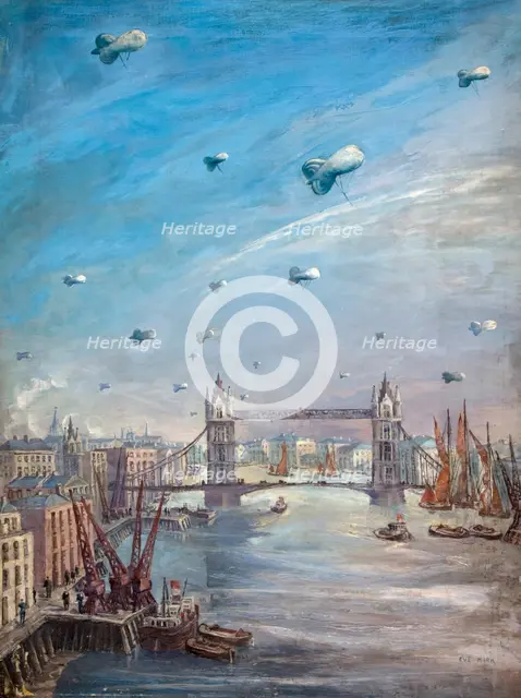Barrage balloons over the Thames, between 1939 and 1946. Creators: Central Office of Information, Eve Kirk.