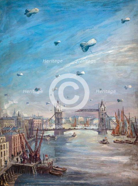 Barrage balloons over the Thames, between 1939 and 1946. Creators: Central Office of Information, Eve Kirk.