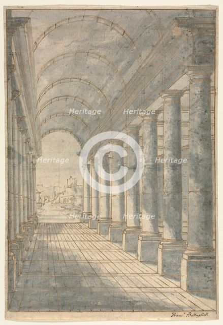 Barrel-vaulted Arcade Rendered in Perspective, 1700s. Creator: Francessco Battaglioli (Italian).