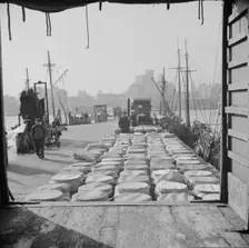 Barrels of fish on the docks at Fulton fish market ready to be shipped to..., New York, 1943. Creator: Gordon Parks