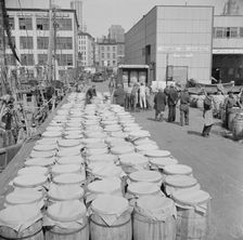 Barrels of fish on the docks at Fulton fish market ready to be shipped to retailers, New York, 1943. Creator: Gordon Parks