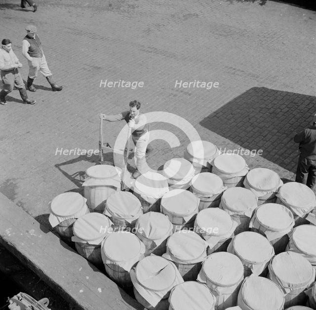 Barrels of fish on the docks at Fulton fish market ready to be shipped to retailers, New York, 1943. Creator: Gordon Parks.