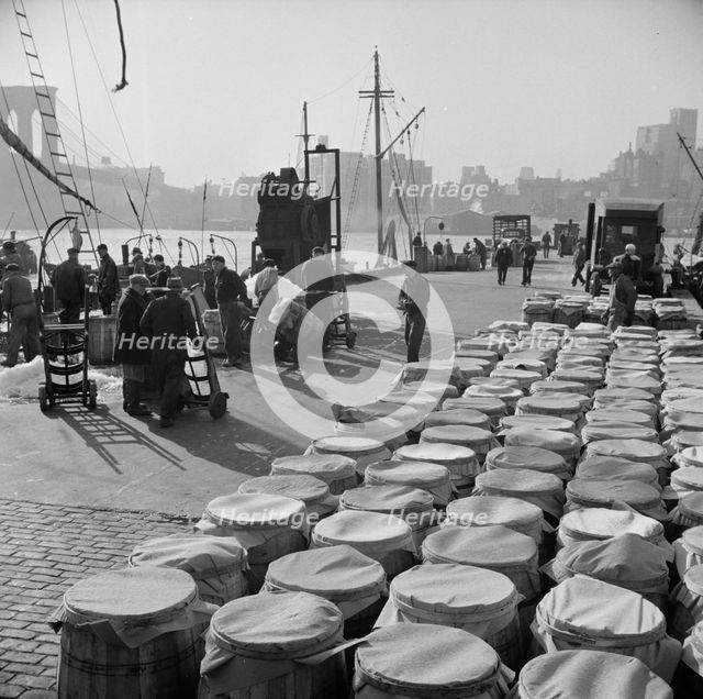 Barrels of fish caught off the New England coast waiting to be shipped to..., New York, 1943. Creator: Gordon Parks.