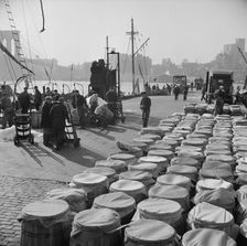 Barrels of fish caught off the New England coast waiting to be shipped to..., New York, 1943. Creator: Gordon Parks