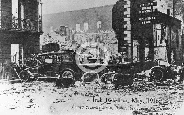Barricade of cars, Anti-English Irish uprising, Dublin, May 1916. Artist: Unknown