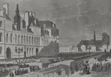 Barricades and artillery park of the Communards, Place de l'Hôtel de Ville, Paris Commune, 1871. Creator: Enrique Laporta Valor