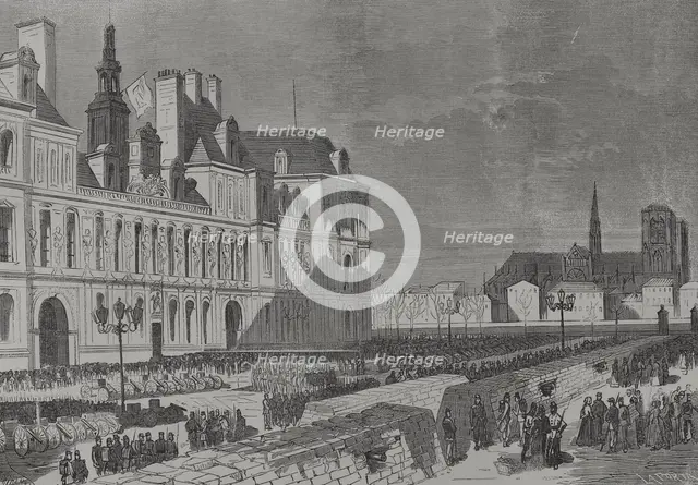 Barricades and artillery park of the Communards, Place de l'Hôtel de Ville, Paris Commune, 1871. Creator: Enrique Laporta Valor.