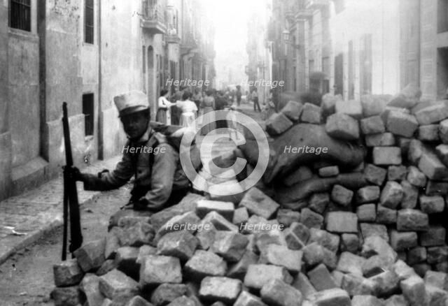Barricades in the streets of Barcelona during the Tragic Week from 26 to 31 July 1909.