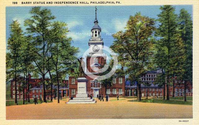 Barry Statue and Independence Hall, Philadelphia, Pennsylvania, USA, 1933. Artist: Unknown