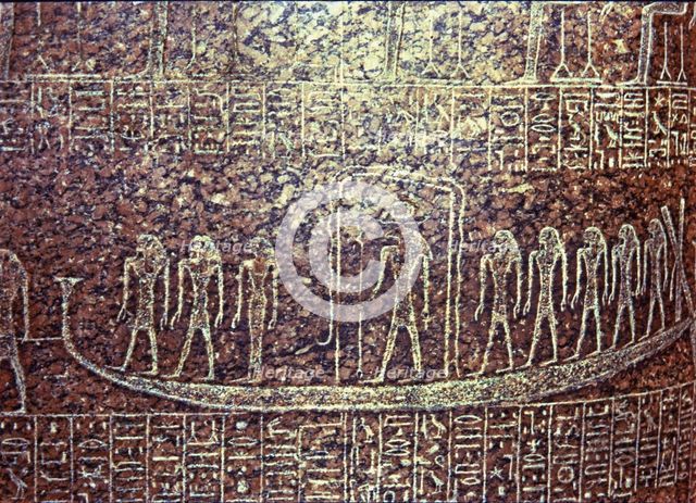 Bas-relief of the funerary sarcophagus of Ramesses III with the image of the ship of death, made …