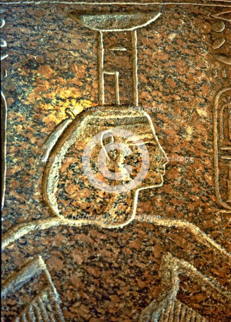 Bas-relief of a funerary sarcophagus of Ramesses III with the image of goddess Isis, made in gran…