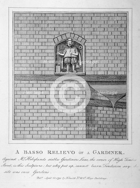 Bas relief of a gardener, Gardner's Lane, City of London, 1791. Artist: Anon
