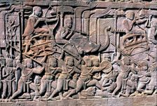 Bas-relief showing scenes of a battle in the ruins of Angkor Thom