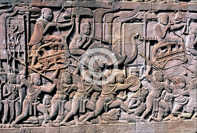 Bas-relief showing scenes of a battle in the ruins of Angkor Thom.