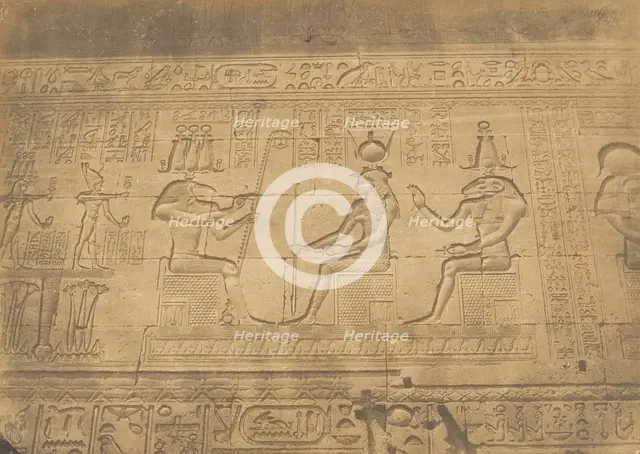 Bas-reliefs de la façade du Temple de Dendérah (Tentyris), 1849-50. Creator: Maxime du Camp.