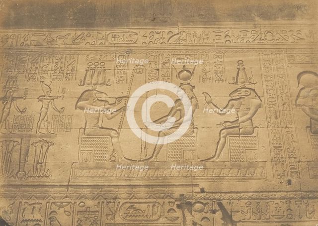 Bas-reliefs de la façade du Temple de Dendérah (Tentyris), 1849-50. Creator: Maxime du Camp.