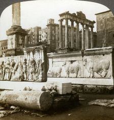 Bas reliefs of Trajan and Column of Phocas in the Forum, Rome, Italy.Artist: Underwood & Underwood