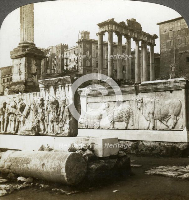 Bas reliefs of Trajan and Column of Phocas in the Forum, Rome, Italy.Artist: Underwood & Underwood