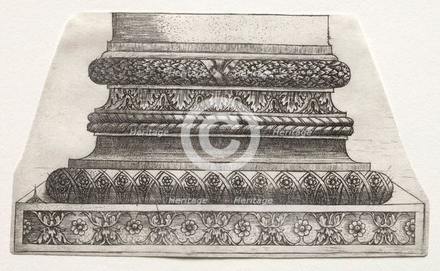 Base and Capital with Figure of Fame and Winged Horses (base), c. 1525-1550. Creator: Master G. A. with the man-trap (Italian, active 1525-50).