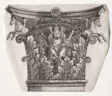 Base and Capital with Figure of Fame and Winged Horses, c. 1525-1550. Creator: Master G. A. with the man-trap (Italian, active 1525-50)