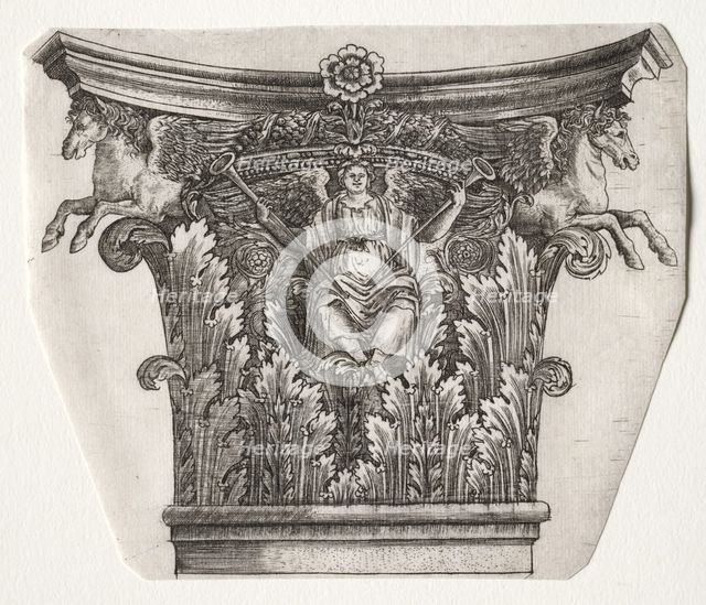 Base and Capital with Figure of Fame and Winged Horses, c. 1525-1550. Creator: Master G. A. with the man-trap (Italian, active 1525-50).