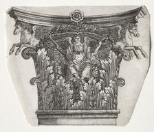 Base and Capital with Figure of Fame and Winged Horses (capital), c. 1525-1550. Creator: Master G. A. with the man-trap (Italian, active 1525-50)