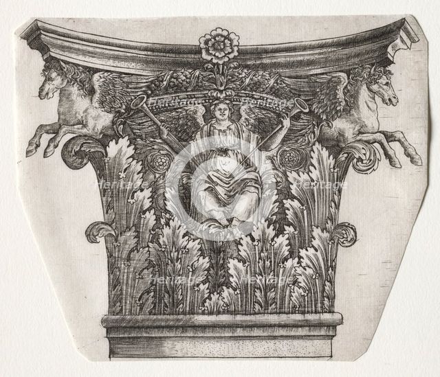 Base and Capital with Figure of Fame and Winged Horses (capital), c. 1525-1550. Creator: Master G. A. with the man-trap (Italian, active 1525-50).