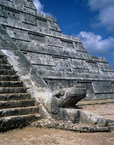 Base of El castillo, Serp sculpture, Chichen Itza, Yucatan, Mexico, Mayan, 900-1224 (1998). Creator: Unknown